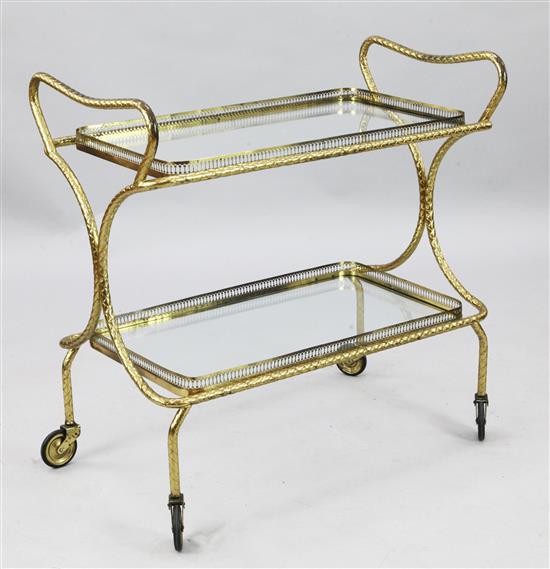 A Maison Bagues style brass two tier trolley, W.2ft 8in. H.2ft 8in.